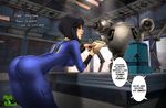  ass black_eyes black_hair borrowed_character english fallout fallout_4 highres hizzacked jumpsuit pip_boy robot short_hair skin_tight sole_survivor_(female) vault_suit 