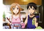  1girl absurdres asuna_(sao) black_eyes black_hair brown_eyes brown_hair food highres kirito long_hair nishiguchi_tomoya open_mouth sword_art_online 