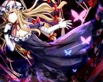  blonde_hair bow breasts bug butterfly cleavage dress elbow_gloves gap gloves gu_hu hair_bow hat highres insect long_hair looking_at_viewer medium_breasts smile solo touhou yakumo_yukari 