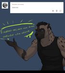  anthro black_hair blue_background clothed clothing dimikendal101 ear_piercing facial_hair fur goatee grey_fur hair half-closed_eyes hyena invalid_tag looking_at_viewer male mammal notched_ear piercing scar simple_background solo spots text tumblr 