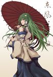  bad_id bad_pixiv_id blue_skirt blush character_name detached_sleeves frog_hair_ornament from_behind gradient gradient_background green_hair grey_background grin hair_ornament hair_tubes hiiragi_isaki kochiya_sanae long_hair long_skirt looking_at_viewer looking_back looking_to_the_side oriental_umbrella pointy_nose skirt smile snake_hair_ornament solo touhou translated umbrella very_long_hair white_background wide_sleeves 