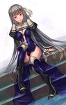  absurdres black_footwear boots bravely_default:_flying_fairy bravely_default_(series) bravely_second:_end_layer breasts center_opening cleavage dress grey_hair highres leg_lift long_hair magnolia_arch medium_breasts nanjyolno panties pantyshot pantyshot_(sitting) red_eyes sitting smile solo stairs thighhighs thighs underwear very_long_hair white_panties 