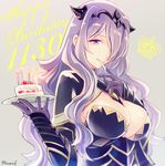  breasts cake camilla_(fire_emblem_if) candle cleavage fire_emblem fire_emblem_if food hair_over_one_eye happy_birthday large_breasts licking_lips lips long_hair miyuki_ruria plate purple_eyes purple_hair solo tongue tongue_out 