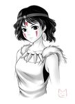  bad_id bad_pixiv_id collarbone earrings facial_mark headband jewelry kotikomori monochrome mononoke_hime san signature solo spot_color upper_body 