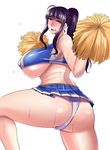  bare_shoulders black_hair blush bouncing_breasts breasts brown_eyes cheerleader covered_nipples huge_breasts long_hair looking_at_viewer megane_man original pom_poms ponytail skirt solo thick_thighs thighs underboob wavy_mouth 