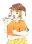  animal_ears belly blonde_hair breasts bunny_ears commentary crop_top dango ears_down eating fat flat_cap floppy_ears food hat looking_at_viewer medium_breasts navel open_mouth orange_shirt pinky_out plump red_eyes ringo_(touhou) round_teeth sape_(saperon_black) shirt short_hair shorts skewer solo striped striped_shorts teeth touhou wagashi 