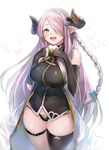  :d bare_shoulders black_gloves black_legwear black_panties blue_eyes breasts coat curvy draph elbow_gloves gloves granblue_fantasy hair_ornament hair_over_one_eye highres horns large_breasts long_hair narmaya_(granblue_fantasy) no_pants open_clothes open_coat open_mouth panties pointy_ears shirt silver_hair single_thighhigh smile solo taishi_(picchiridou) teeth thighhighs underwear very_long_hair 