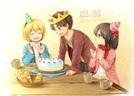  2boys armin_arlert birthday birthday_cake black_hair blue_eyes blush bread brown_eyes cake candle cardigan character_name child closed_eyes crown cup dated dress eren_yeager food full_body hat long_hair mikasa_ackerman moxue_qianxi mug multiple_boys open_mouth party_hat ribbon scarf shingeki_no_kyojin short_hair smile suspenders sweater younger 