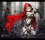  armor bangs belt bikini_armor black_bra black_footwear black_gloves black_shorts boots bra breasts brick buckle cleavage cloak closed_mouth dagger gauntlets gloves grey_skin highres holding holding_weapon hood hooded_cloak letterboxed little_red_riding_hood looking_at_viewer medium_breasts midriff navel original outdoors pale_skin pole red_hood senano-yu shorts smile snow snowing solo standing standing_on_one_leg stomach sword underwear weapon white_hair yellow_eyes 
