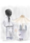  1girl chibi from_behind headgear japanese_clothes kantai_collection kimono long_hair long_sleeves low_ponytail luc_(ifer) murakumo_(kantai_collection) pantyhose rain remodel_(kantai_collection) sash umbrella yukata 