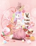  alternate_costume bare_shoulders bug butterfly candy company_connection dessert detached_sleeves dress expressionless fire_emblem fire_emblem:_akatsuki_no_megami fire_emblem:_souen_no_kiseki food fork fruit gloves ice_cream ilyana insect jam kirby kirby_(series) lollipop long_hair low-tied_long_hair macaron pink_background pink_dress purple_eyes purple_hair seiza sitting smile solo sonreir_1886 strawberry sweets swirl_lollipop 