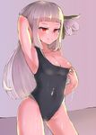  arm_behind_head arm_up armpits bravely_default:_flying_fairy bravely_default_(series) bravely_second:_end_layer breasts cleavage flower hair_flower hair_ornament hashimoto_(soukidann2010) highres long_hair magnolia_arch medium_breasts naughty_face one-piece_swimsuit red_eyes silver_hair smile solo swimsuit swimsuit_pull 