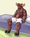  anthro antlers bed blueballs boxer_briefs bulge cervine clothed clothing digital_media_(artwork) front_view grin hairy half-dressed horn looking_at_viewer male mammal moose musclegut navel nipples on_bed pecs sitting slightly_chubby solo topless underwear 