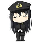  =_= bangs black_hair blush_stickers chibi closed_eyes commentary_request female_admiral_(kantai_collection) fingers_together gloves hair_between_eyes hat kantai_collection long_hair military military_hat military_uniform niwatazumi smile solo steepled_fingers tatebayashi_sakurako uniform 