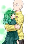  1girl bald dress green_eyes green_hair hiboshi_daizu hug one-punch_man saitama_(one-punch_man) short_hair spoilers tatsumaki 