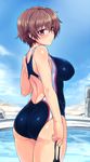  ass back_cutout blush breasts brown_eyes brown_hair competition_swimsuit cowboy_shot from_behind goggles goggles_removed holding_goggles katou_keiko large_breasts looking_back null_(nyanpyoun) one-piece_swimsuit pool short_hair solo swimsuit thighs wet world_witches_series 