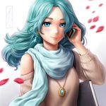  aqua_hair bad_id bad_pixiv_id bishoujo_senshi_sailor_moon blue_eyes cellphone earrings folder iphone jewelry kaiou_michiru kotikomori motion_blur off-shoulder_sweater petals phone scarf shiny signature smartphone smile solo sweater upper_body 