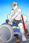  akita akita_inu boxers_(clothing) bulge canine clothed clothing dog feet half-dressed hat hindpaw jewelry male mammal mblade necklace paws rubbing solo tools topless tsaiwolf underwear work wrench 