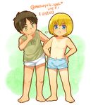  armin_arlert barefoot blonde_hair blue_eyes blush brown_hair child commentary_request eren_yeager full_body male_focus male_swimwear moxue_qianxi multiple_boys no_nipples shingeki_no_kyojin shirtless swim_trunks swimwear tan yellow_eyes younger 