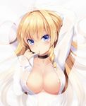  areola_slip areolae arm_up bangs bed_sheet blonde_hair blue_eyes blush breast_mousepad breasts buttons chestnut_mouth choker cleavage collarbone cross curly_hair delores_(mvv) dress_shirt eyebrows eyebrows_visible_through_hair finger_to_mouth hair_intakes heart heart-shaped_pupils jewelry large_breasts long_hair long_sleeves looking_at_viewer lying mousepad mvv no_bra on_back on_bed original pendant pinky_out shirt solo symbol-shaped_pupils unbuttoned upper_body very_long_hair white_shirt 