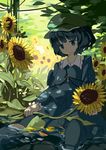  blue_eyes blue_footwear blue_hair blue_jacket blue_skirt boots cabbie_hat dappled_sunlight day flower grass hair_bobbles hair_ornament hat holding holding_flower in_water jacket kawashiro_nitori long_sleeves nature petals rubber_boots short_hair sitting skirt smile solo sunflower sunlight touhou tree_shade two_side_up uwa_(u_w001) water 