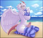  2015 absol anthro beach big_breasts blue_eyes breasts clothing cloud dickgirl elbow_gloves erection eyewear glasses gloves hair intersex kneeling legwear looking_at_viewer mega_absol mega_evolution nintendo nipples outside penis pok&eacute;mon seaside shyama sky smile solo striped_legwear stripes thigh_highs video_games white_hair wings wyntersun 