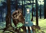  backpack bag blue_eyes blue_footwear blue_hair blue_skirt boots cabbie_hat dappled_sunlight day expressionless forest grass hat holding_branch kawashiro_nitori key_necklace light_rays moss nature rubber_boots scenery short_hair skirt solo sunlight touhou tree_stump two_side_up uwa_(u_w001) 