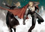  ao666 bangs belt blonde_hair cape dual_persona edward_elric fullmetal_alchemist gloves hair_over_one_eye long_coat male_focus mechanical_arm multiple_boys outstretched_hand pants parted_bangs ponytail prosthesis red_cape shirtless torn_clothes white_gloves 
