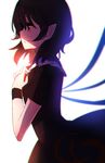  backlighting black_dress black_hair chromatic_aberration collar colored_eyelashes dress expressionless frilled_shirt_collar frills hand_on_own_chest highres houjuu_nue jpeg_artifacts light motsuba pointy_ears profile red_eyes short_hair short_sleeves solo touhou wind wings wristband 
