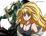  arudebido blonde_hair breasts cleavage commentary_request eyelashes gundam gundam_tekketsu_no_orphans highres kudelia_aina_bernstein long_hair mecha medium_breasts purple_eyes simple_background sketch solo translation_request white_background 