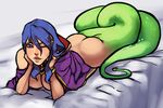  ass blue_eyes blue_hair bracelet breasts breath_of_fire breath_of_fire_i breath_of_fire_ii cleavage deis drawfag hood jewelry lamia long_hair monster_girl scales solo source_request tail 