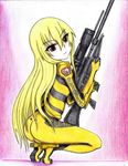  ass assault_rifle bangs blonde_hair bodysuit breasts closed_mouth clothes_writing colored_pencil_(medium) dimples_of_venus emblem english eyebrows_visible_through_hair from_side full_body gloves gradient gradient_background gun hair_between_eyes heavy_object high_heels highres holding holding_gun holding_weapon long_hair looking_at_viewer looking_back mariydi_whitewitch pilot_suit pink_background purple_eyes rifle scope serious sidelocks skin_tight small_breasts solo squatting straight_hair traditional_media very_long_hair weapon yellow_bodysuit yozora_takayama 