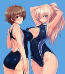  adjusting_hair armpits arms_up ass back_cutout blonde_hair blue_eyes blush breasts brown_eyes brown_hair cleavage cleavage_cutout competition_swimsuit covered_navel cowboy_shot from_behind from_side front_zipper_swimsuit goggles goggles_removed hanna-justina_marseille highres holding_goggles katou_keiko large_breasts long_hair looking_at_viewer looking_back meme_attire multiple_girls null_(nyanpyoun) one-piece_swimsuit ponytail short_hair simple_background swimsuit thighs tying_hair wet world_witches_series 