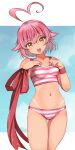  1girl absurdres ahoge aino_heart arcana_heart breasts commentary_request gradient_hair hair_flaps heart heart_ahoge highres multicolored_hair pink_hair red_ribbon ribbon short_hair small_breasts smile solo standing striped_ahoge tan tanlines translation_request yashin_(yasinz) yellow_eyes 