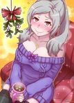  akairiot aran_sweater artist_name black_legwear blush bow breasts brown_eyes cleavage collarbone cup dress female_my_unit_(fire_emblem:_kakusei) fire_emblem fire_emblem:_kakusei flying_sweatdrops grey_hair highres hot_chocolate jewelry large_breasts long_hair looking_at_viewer mistletoe mug my_unit_(fire_emblem:_kakusei) necklace off-shoulder_sweater ponytail signature sitting skindentation smile solo sweater sweater_dress thighhighs zettai_ryouiki 