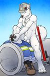  akita akita_inu balls boxers_(clothing) bulge canine clothed clothing dog feet half-dressed hat hindpaw jewelry male mammal mblade necklace nude paws rubbing sheath solo tools topless tsaiwolf underwear work wrench 