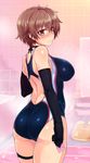  ass back_cutout bathroom bathtub black_gloves blush breasts brown_eyes brown_hair choker competition_swimsuit condom condom_wrapper cowboy_shot elbow_gloves from_behind full-face_blush gloves holding holding_condom katou_keiko large_breasts looking_back null_(nyanpyoun) one-piece_swimsuit short_hair solo steam swimsuit thigh_strap thighs wet world_witches_series 
