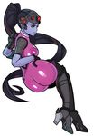  ass black_hair bodysuit breasts eyebrows head_mounted_display high_heels highres legs light_smile long_hair medium_breasts overwatch pink_bodysuit ponytail purple_skin solo splashbrush thighs very_long_hair visor widowmaker_(overwatch) yellow_eyes 