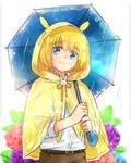  armin_arlert belt blonde_hair blue_eyes dated eyebrows male_focus moxue_qianxi raincoat shingeki_no_kyojin solo twitter_username umbrella 