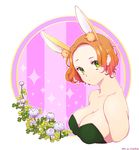  animal_ears bad_id bad_pixiv_id bare_shoulders breasts bunny_ears cleavage clover clover_(flower) extra_ears flower from_side green_eyes highres k.mellia large_breasts looking_at_viewer orange_hair original outline short_hair solo sparkle striped striped_background upper_body vertical-striped_background vertical_stripes 