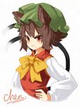  :3 animal_ears bad_id bad_nicoseiga_id blush bow brown_eyes brown_hair cat_ears cat_tail character_name chen hand_on_hip hat highres kasuka_(kusuki) long_sleeves looking_at_viewer multiple_tails short_hair simple_background smile solo tail touhou tsurime upper_body white_background 