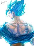  backlighting blue_eyes blue_hair dougi dragon_ball dragon_ball_super earrings from_behind jewelry kim_yura_(goddess_mechanic) looking_back male_focus manly muscle potara_earrings signature solo super_saiyan super_saiyan_blue upper_body vegetto 