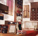  :o animal_ears ascot bag book box brown_eyes cat_ears chalkboard curtains gong grey_hair holding holding_paper indoors jar letter long_sleeves nekopote orange_sky original paper phone reading shelf short_hair sky solo standing thumbtack upper_body window 