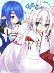  2girls animal_ears blue_eyes blush breasts cleavage commentary_request extra_ears fox_ears fox_tail hair_between_eyes hair_over_one_eye hakama japanese_clothes medium_breasts miko multiple_girls original phantasy_star phantasy_star_online_2 pointy_ears red_hakama ryou@ryou suzuna_kushinada tail tail_fondling tail_grab 