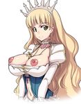  bangs blonde_hair blunt_bangs breasts choker clalaclan_philias cleavage cross cross_necklace crown dress green_eyes jewelry large_breasts long_hair looking_at_viewer navel necklace nipples puffy_nipples shimazu_tekkou shining_(series) shining_wind simple_background smile solo very_long_hair white_background 