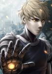  aiming_at_viewer bad_id bad_pixiv_id black_sclera blonde_hair cyborg embers genos glowing highres kotikomori male_focus one-punch_man signature solo tank_top upper_body yellow_eyes 