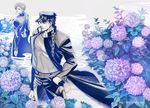  black_hair brown_hair chain earrings flower gakuran garden hand_in_pocket hat hydrangea jewelry jojo_no_kimyou_na_bouken kakyouin_noriaki kuujou_joutarou male_focus multiple_boys school_uniform toujou_shufu watermark web_address 