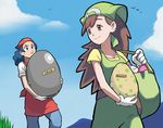  bag bandana black_hair blue_sky brown_hair carrying cloud day egg gloves hat highres multiple_girls npc_trainer pokemon pokemon_(game) pokemon_breeder_(pokemon) pokemon_rse pokemon_xy pouch red_skirt regigigass shoulder_bag skirt sky white_gloves 