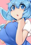  :o alternate_breast_size blue_eyes blue_hair blush bow breasts chestnut_mouth cirno commentary fun_bo hair_bow hands_on_own_chest ice ice_wings large_breasts looking_at_viewer open_mouth pink_background red_ribbon ribbon short_hair short_sleeves simple_background solo touhou v-shaped_eyebrows wings 