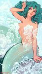  1girl aqua_hair artist_name bishoujo_senshi_sailor_moon blue_eyes breasts convenient_censoring highres kaiou_michiru mermaid momo-deary monster_girl navel nude signature solo topless 